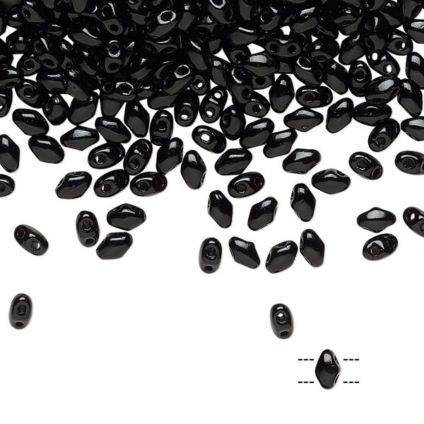 Bead, Preciosa Mini Twin™, Mini Pressed Twin, Czech pressed glass, opaque black, 4x2.5mm oval with (2) 0.7mm holes. Sold per 10-gram pkg. image number 0