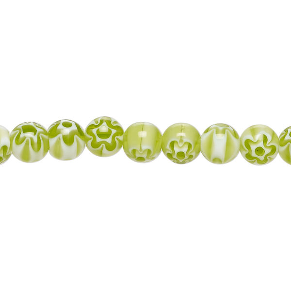 Bead, millefiori glass 1pkg1, translucent white and light spring green, 6mm round, 15 inches. image number 0