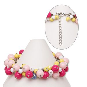 Bracelet, acrylic / glass / silver-finished steel / brass, yellow / pink / multicolored, 23mm wide with round beads, 7 inches with 2-inch extender chain and lobster claw clasp. Sold individually.