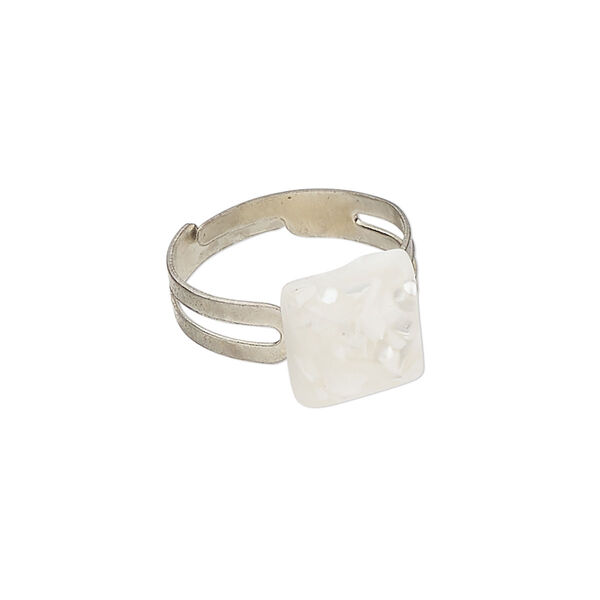 Ring 1pkg1 steel / mother-of-pearl shell, 10mm square, bleached/assembled silver finish / white image number 0
