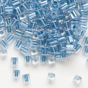 Seed bead, Miyuki, glass, pkg/25g, 3.5-3.7mm square, transparent metallic light blue inside dyed color clear (SB-2606).