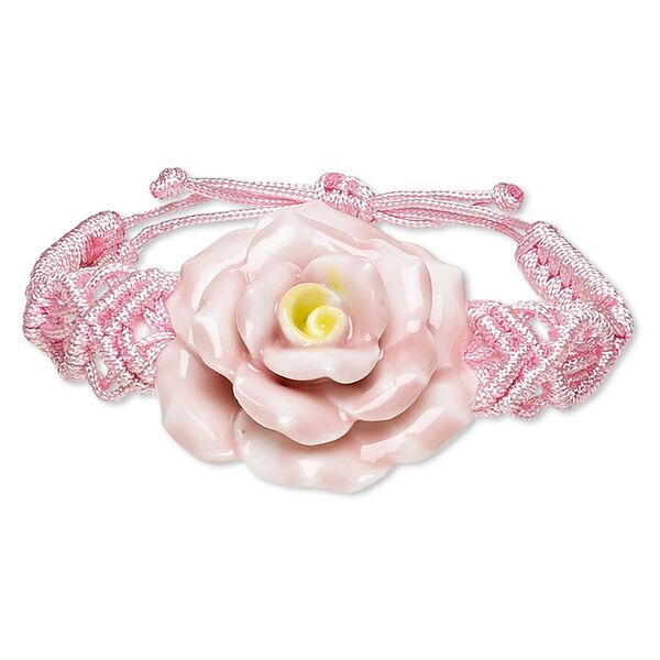 Bracelet, nylon and porcelain, pink and yellow, 39x34mm-51x46mm flower, adjustable from 6-1/2 to 8-1/2 inches with macramé knot closure. Sold individually. image number 0