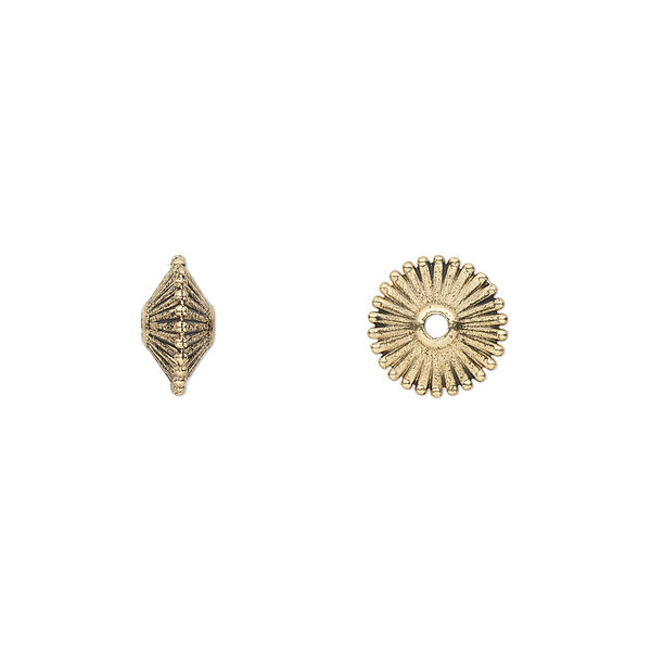 Bead, antique gold-finished "pewter" (zinc-based alloy), 9x5mm ribbed rondelle. Sold per pkg of 24. image number 0