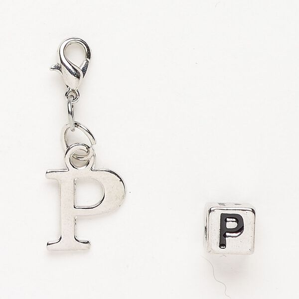 Charm and bead 1pkg2 antiqued silver-finished "pewter" (zinc-based alloy) / steel / enamel, black, 13x12mm "P" with lobster claw clasp and 7mm cube with "P". image number 0