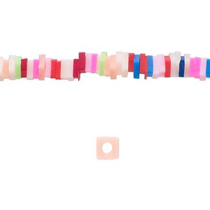 Bead, polymer clay, opaque multicolored, 4x1mm flat square. Sold per pkg of (2) 16-inch strands.