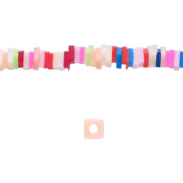 Bead, polymer clay, opaque multicolored, 4x1mm flat square. Sold per pkg of (2) 16-inch strands. image number 0