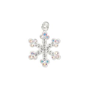 Charm, cubic zirconia / epoxy / sterling silver, clear AB and white, 15x13.5mm single-sided snowflake with 3mm closed jump ring. Sold individually.