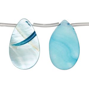 Bead, mother-of-pearl shell (dyed), blue, 25x6mm-25x9mm top-drilled flat teardrop, Mohs hardness 3-1/2. Sold per 14-inch strand, approximately 15 beads.
