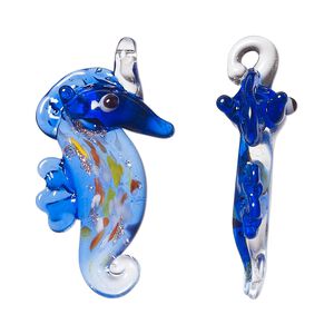 Focal, lampworked glass, cobalt blue and multicolored, 30x17mm single-sided seahorse. Sold individually.