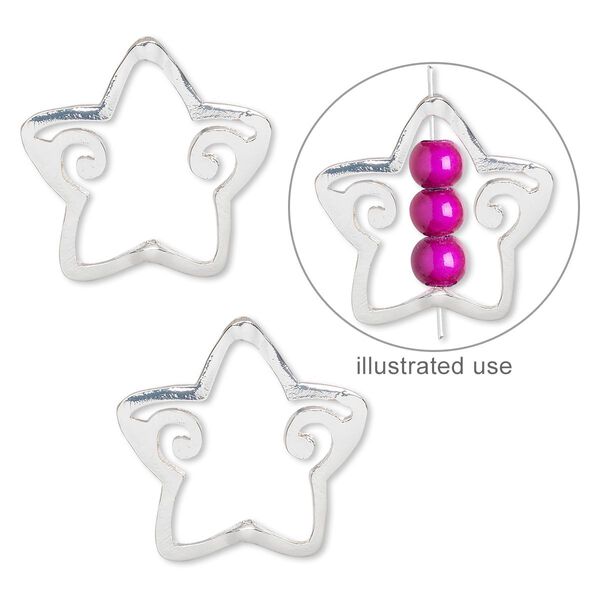 Bead frame, silver-finished "pewter" (zinc-based alloy), 26x25mm star with curls, fits up to 10mm bead. Sold per pkg of 2. image number 0