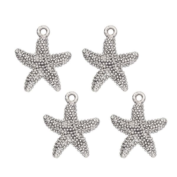 Charm, antique silver-finished "pewter" (zinc-based alloy) , 19mm single-sided starfish. Sold per pkg of 4. image number 0