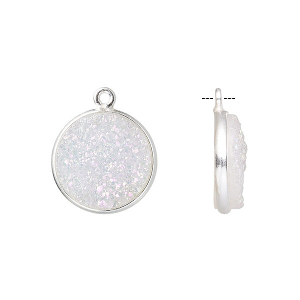 Drop, titanium- / electro-coated druzy agate (coated) / sterling silver, white opal, 15mm hand-cut single-sided flat round. Sold individually. image number 0