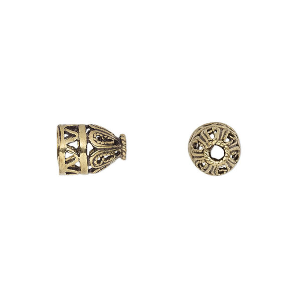 Cone, antique gold-finished brass, 10x8mm fancy filigree, 6mm hole. Sold per pkg of 10. image number 0