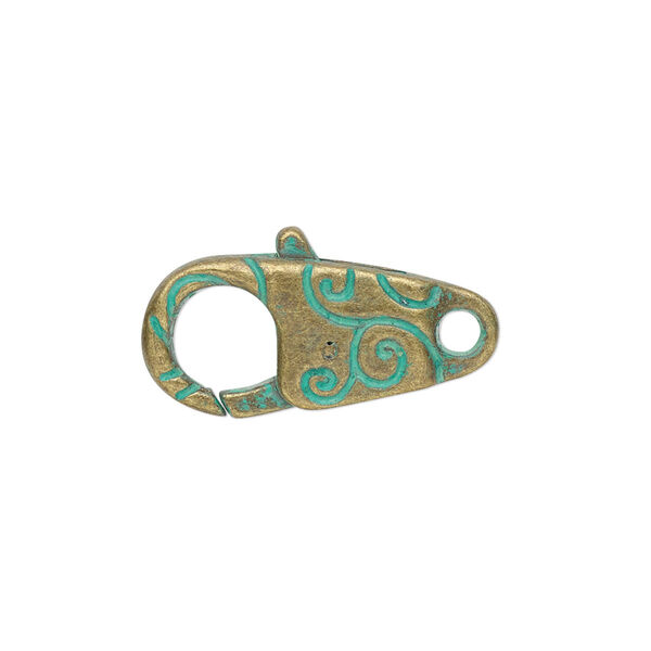 Clasp, lobster claw, antique brass-plated "pewter" (zinc-based alloy), green patina, 24.5x11mm double-sided with swirl design. Sold per pkg of 6. image number 0