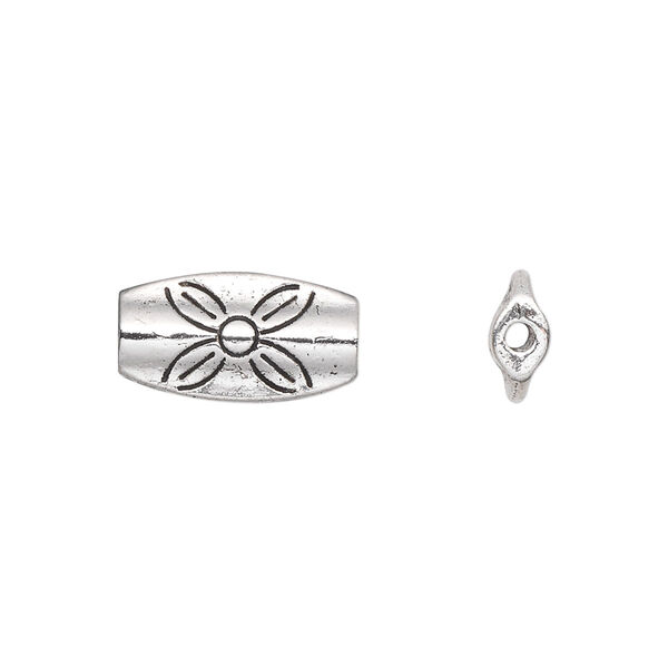 Bead, antique silver-plated "pewter" (zinc-based alloy), 16x9mm oval tube with flower. Sold per pkg of 20. image number 0