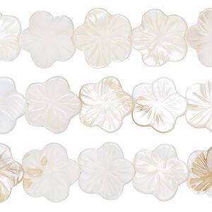 Bead, mother-of-pearl shell (natural / bleached), 14x13mm-19x18mm carved flower with 0.6-0.8mm hole, Mohs hardness 3-1/2. Sold per pkg of (3) 15-inch strands.