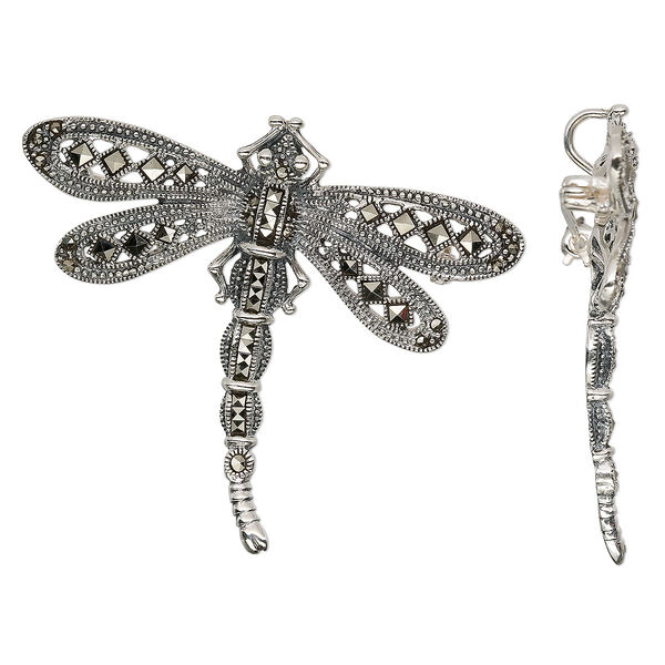 Pendant/brooch, sterling silver and marcasite, 55x50mm dragonfly. Sold individually. image number 0