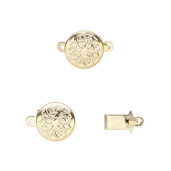 Clasp, tab, gold-plated brass, 10mm round with flower design. Sold per pkg of 10. image number 0
