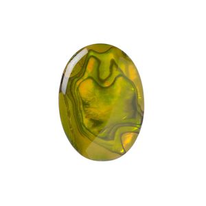 Cabochon, paua shell (coated / dyed), gold, 25x18mm calibrated oval, Mohs hardness 3-1/2. Sold individually.