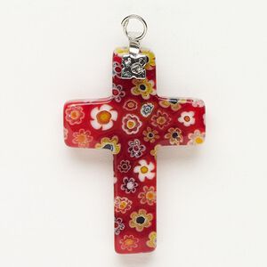 Focal 1pkg1 silver-finished steel and millefiori glass, translucent and transparent red and multicolored, 33x23mm-35x24mm cross.