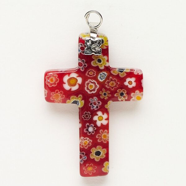 Focal 1pkg1 silver-finished steel and millefiori glass, translucent and transparent red and multicolored, 33x23mm-35x24mm cross. image number 0