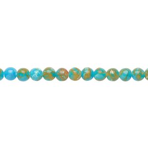 Bead, resin and multi-stone (dyed / assembled), turquoise blue / brown / white, 4mm round. Sold per 8-inch strand, approximately 50 beads.