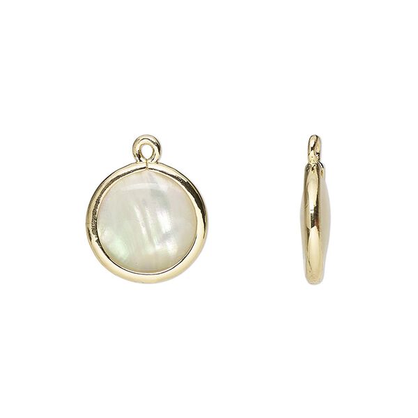 Drop, mother-of-pearl shell and gold-finished brass (assembled), 12.5mm-13.5mm double-sided round. Sold per pkg of 4. image number 0