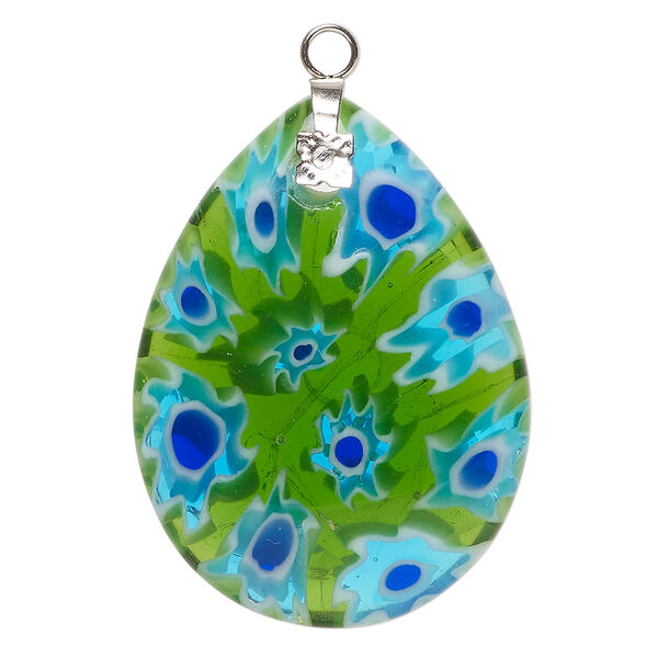 Focal, millefiori glass and silver-finished steel 1pkg1, translucent green / white / cobalt blue, 36x26mm-38x28mm puffed teardrop. image number 0