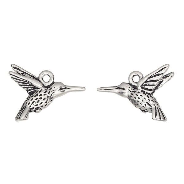 Charm, TierraCast®, antique silver-plated pewter (tin-based alloy), 18x15mm 3D hummingbird. Sold per pkg of 2. image number 0