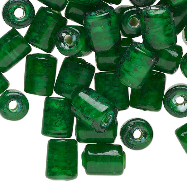 Bead, lampworked glass, opaque green, 10x8mm round tube with silver-colored foil. Sold per 2-ounce pkg, approximately 60 beads. image number 0