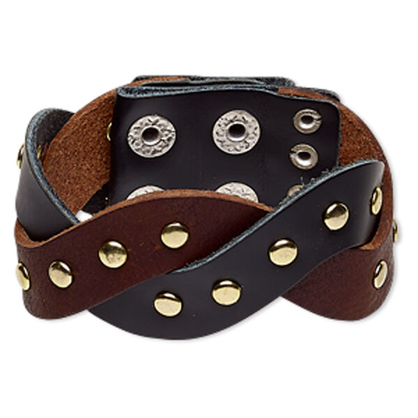 Bracelet, leather (dyed) / gold-finished / imitation rhodium-plated brass / steel, brown and black, 36mm wide with woven design, adjustable at 6-1/2 and 7 inches with double snap closure. Sold individually. image number 0