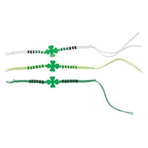 Bracelet, painted wood and waxed cotton cord, assorted colors, 5x3mm rondelle and 30x21mm clover, adjustable from 6-1/2 to 8 inches. Sold per pkg of 3.