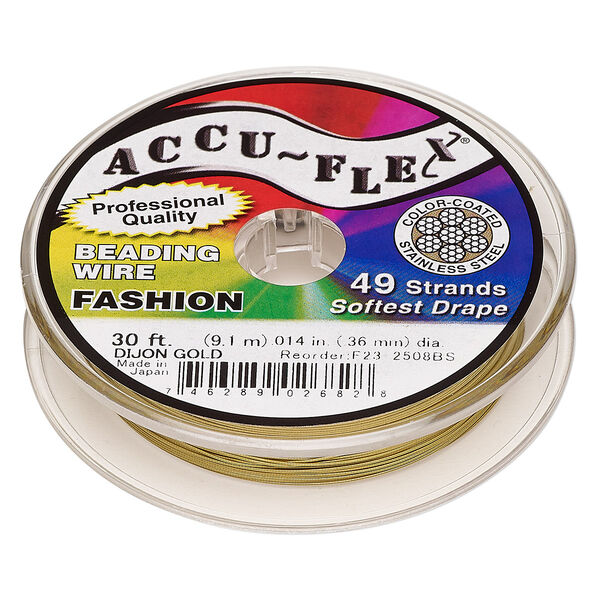 Beading wire, Accu-Flex®, nylon and stainless steel, Dijon gold, 49 strand, 0.014-inch diameter. Sold per 30-foot spool. image number 0