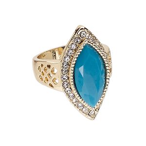 Ring, glass / Egyptian glass rhinestone / gold-finished "pewter" (zinc-based alloy), turquoise blue and clear, 30x16mm marquise, size 9. Sold individually.