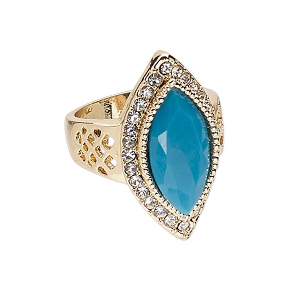 Ring, glass / Egyptian glass rhinestone / gold-finished "pewter" (zinc-based alloy), turquoise blue and clear, 30x16mm marquise, size 9. Sold individually. image number 0
