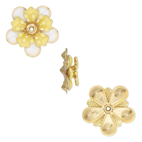 Component, epoxy and gold-finished copper, white and yellow, 19mm center-drilled single-sided flower. Sold per pkg of 2. image number 0