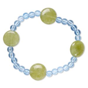 Bracelet, stretch, quartz (dyed) and acrylic, blue and green, 5mm round and 15-16mm puffed flat round, 7 inches. Sold individually.