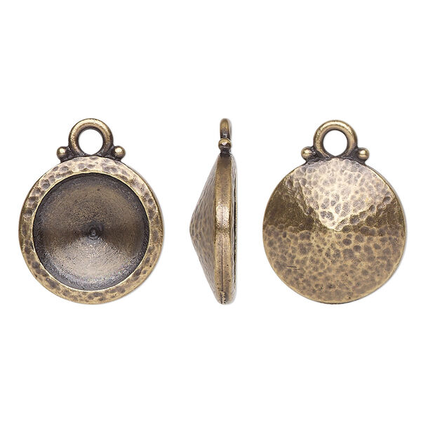 Drop, TierraCast®, Almost Instant Jewelry®, antique brass-plated pewter (tin-based alloy), 15mm hammered round with 12mm rivoli glue-in setting (1122). Sold per pkg of 2. image number 0