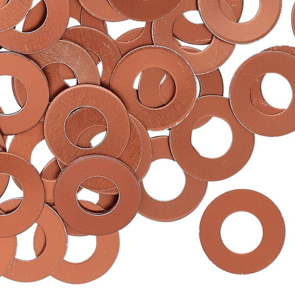 Washer, anodized aluminum, orange copper, 13mm double-sided flat round blank with 6mm hole, 20 gauge. Sold per pkg of 100. image number 0