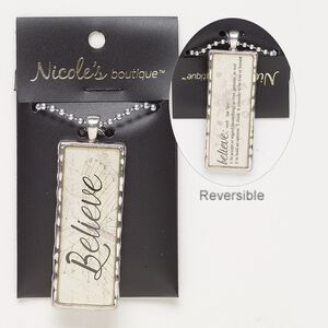 Necklace, glass / silver-finished "pewter" (zinc-based alloy) / steel, cream / tan / black, 56x23 two-sided rectangle with butterfly design / "Believe" / definition of believe, 24 inches with lobster claw clasp. Sold individually.