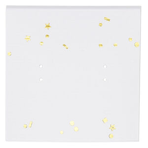 Earring card, paper, white with gold-colored confetti, 2x2-inch square. Sold per pkg of 100.