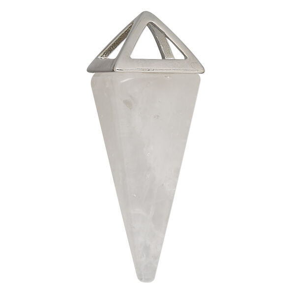 Focal, quartz crystal (natural) and imitation rhodium-finished "pewter" (zinc-based alloy), 36x15mm-42x15mm 4-sided point, Mohs hardness 7. Sold individually. image number 0