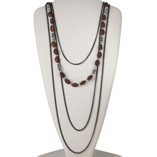 Necklace, 4-strand, steel / acrylic with rubberized coating / glass, brown / black / full silver finish, faceted rondelle and diamond, 27 inches with 2-inch extender chain and lobster claw clasp. Sold individually. image number 0