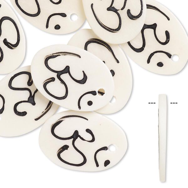Focal, bone (bleached), white and black, 30x20mm hand-carved single-sided oval with Om symbol, Mohs hardness 2-1/2. Sold per pkg of 8. image number 0