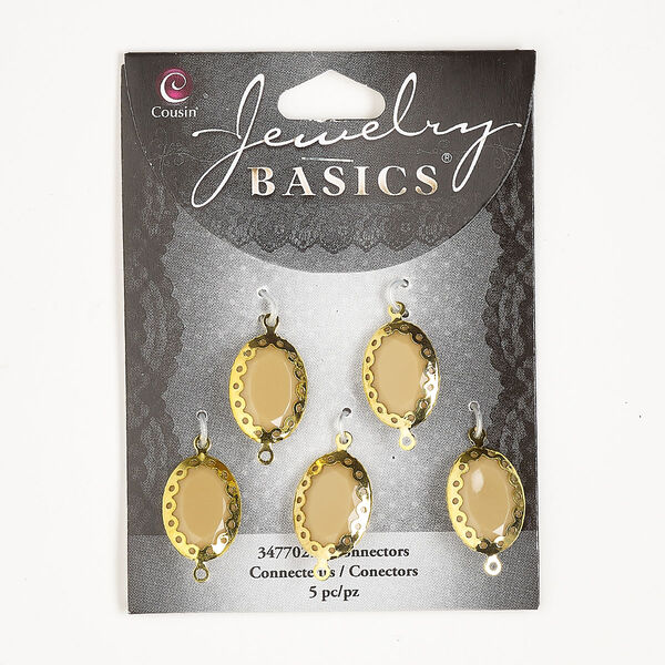Link, gold-finished brass and acrylic, peach, 23x13mm-24x14mm double-sided faceted oval. Sold per pkg of 5. image number 0
