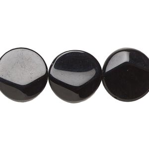 Bead, glass, opaque black, 16mm beveled puffed flat round. Sold per 12-inch strand, approximately 20 beads.