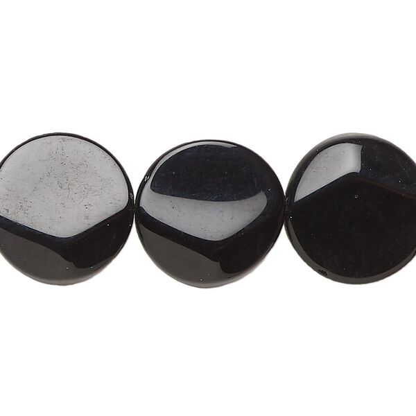 Bead, glass, opaque black, 16mm beveled puffed flat round. Sold per 12-inch strand, approximately 20 beads. image number 0