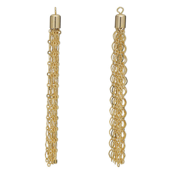 Focal, gold-finished brass, 3 x 1/4 inch tassel with long and short chain. Sold per pkg of 2. image number 0