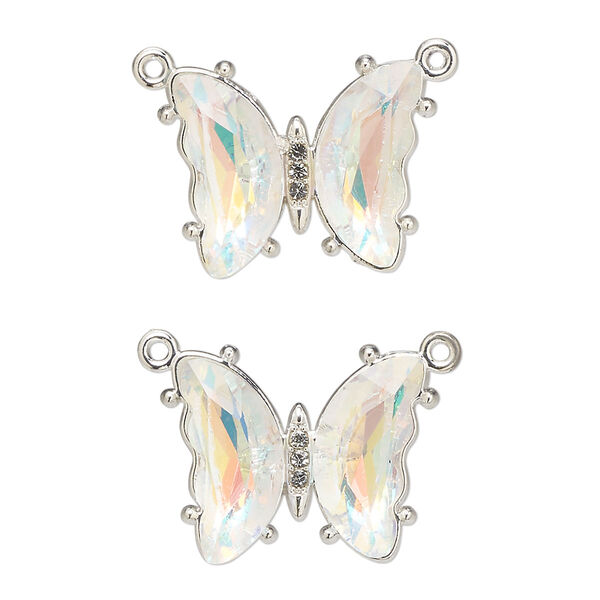 Connector, silver-finished brass and glass, clear AB, 19x15mm butterfly with closed loop. Sold per pkg of 2. image number 0
