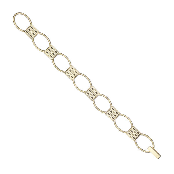 Bracelet component, gold-finished "pewter" (zinc-based alloy) and brass, (7) 20x14.5mm oval links with 11x10mm textured rectangle glue-on setting, 7 inches with fold-over clasp. Sold individually. image number 0